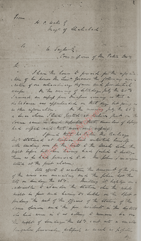 A handwritten letter from A. C. Wate to W. Taylor discussing events and concerns related to local governance and security, dated July 1842. The document displays a vintage style with faded ink and a watermark.